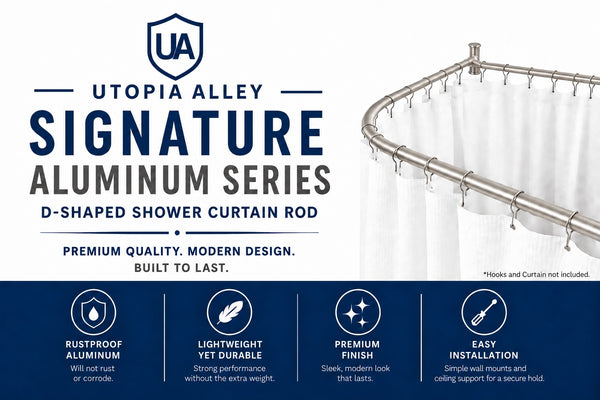 Utopia Alley DR1XX Signature Aluminum Series Freestanding Tub Shower Curtain Rod - D-Shaped Rustproof Aluminum with Ceiling Support, 60x25 Inch