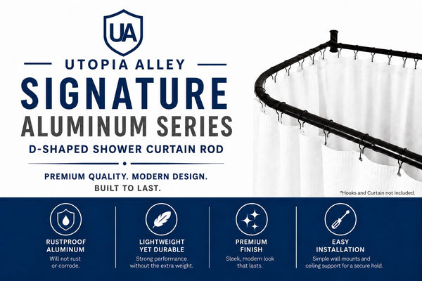 Utopia Alley DR1XX Signature Aluminum Series Freestanding Tub Shower Curtain Rod - D-Shaped Rustproof Aluminum with Ceiling Support, 60x25 Inch