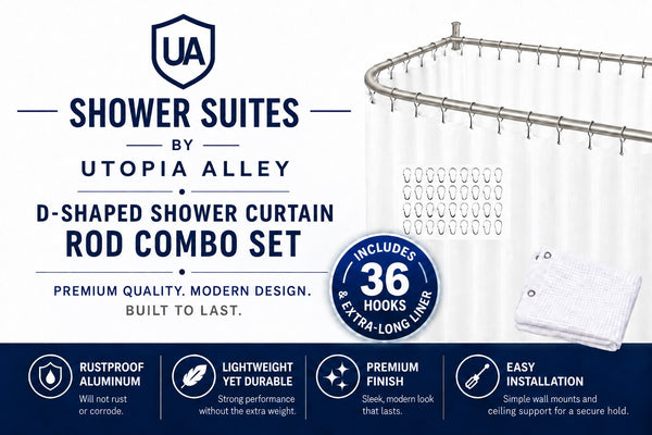 Shower Suites DR9XX By Utopia Alley D-Shaped Shower Curtain Rod for Freestanding Tubs - Complete Shower Solution with Extra-Long Fabric Shower Curtain & 36 Hooks, Rustproof Aluminum, 60" x 25"