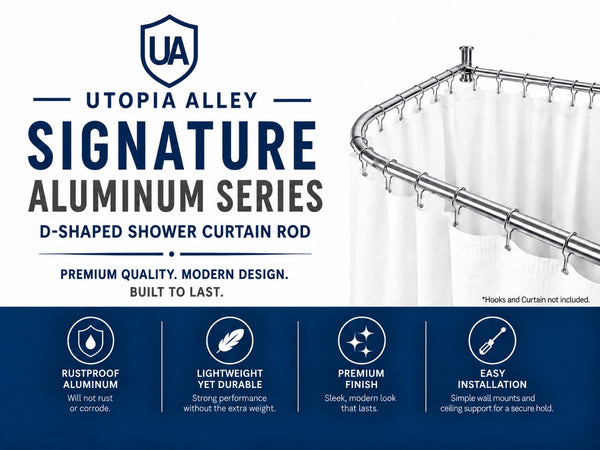Utopia Alley DR1XX Signature Aluminum Series Freestanding Tub Shower Curtain Rod - D-Shaped Rustproof Aluminum with Ceiling Support, 60x25 Inch