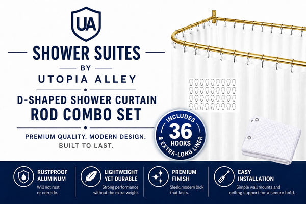 Shower Suites DR9XX By Utopia Alley D-Shaped Shower Curtain Rod for Freestanding Tubs - Complete Shower Solution with Extra-Long Fabric Shower Curtain & 36 Hooks, Rustproof Aluminum, 60" x 25"