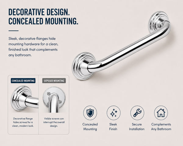 Utopia Alley GBXX Decorative Grab Bar for Shower & Bathroom – 1.25-Inch Stainless Steel Wall-Mounted Safety Handle with Concealed Hardware