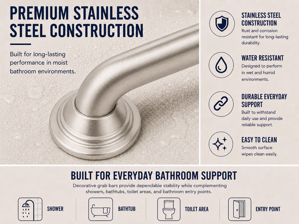 Utopia Alley GBXX Decorative Grab Bar for Shower & Bathroom – 1.25-Inch Stainless Steel Wall-Mounted Safety Handle with Concealed Hardware