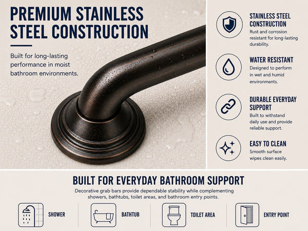 Utopia Alley GBXX Decorative Grab Bar for Shower & Bathroom – 1.25-Inch Stainless Steel Wall-Mounted Safety Handle with Concealed Hardware