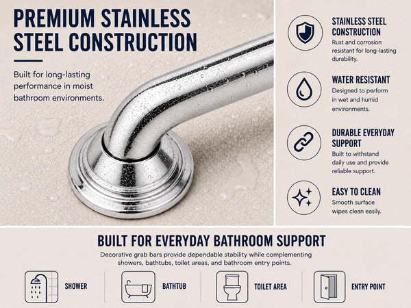 Utopia Alley GBXX Decorative Grab Bar for Shower & Bathroom – 1.25-Inch Stainless Steel Wall-Mounted Safety Handle with Concealed Hardware
