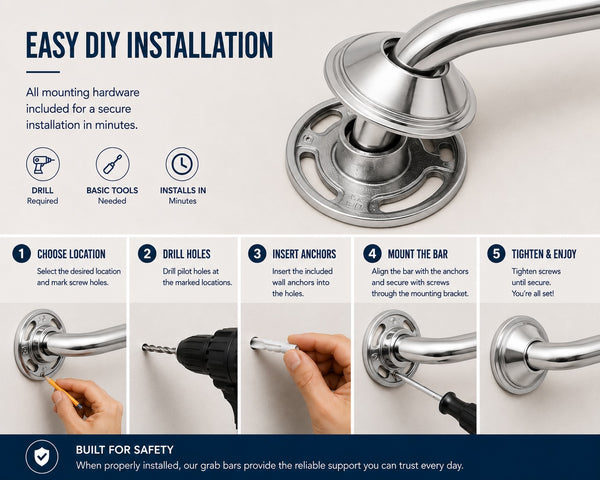 Utopia Alley GBXX Decorative Grab Bar for Shower & Bathroom – 1.25-Inch Stainless Steel Wall-Mounted Safety Handle with Concealed Hardware