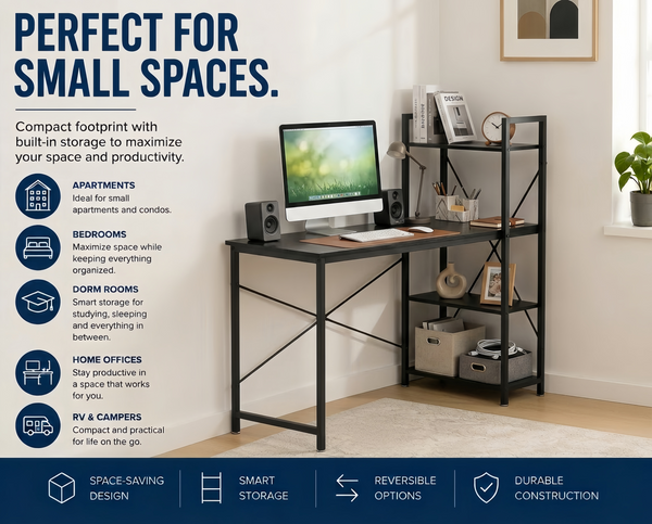 Utopia Alley SH73/74XX SmartSpace Series Computer Desk with Storage Shelves, 47 Inch Home Office Desk, Reversible Bookshelf Design, Study, Gaming & Workstation Desk