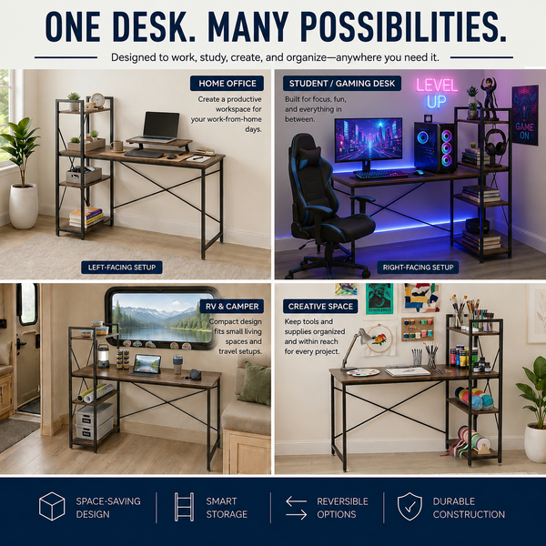 Utopia Alley SH73/74XX SmartSpace Series Computer Desk with Storage Shelves, 47 Inch Home Office Desk, Reversible Bookshelf Design, Study, Gaming & Workstation Desk
