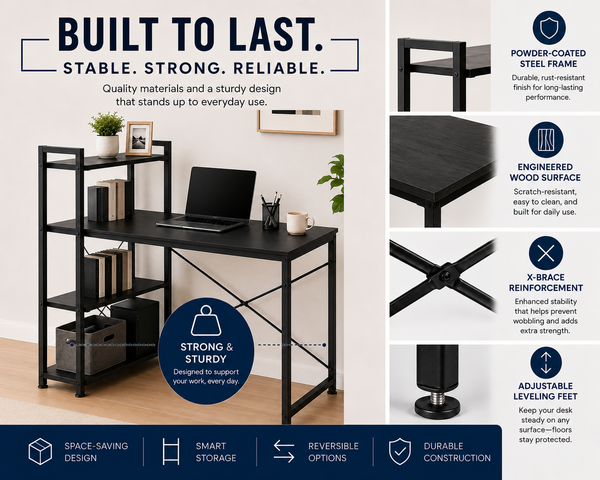 Utopia Alley SH73/74XX SmartSpace Series Computer Desk with Storage Shelves, 47 Inch Home Office Desk, Reversible Bookshelf Design, Study, Gaming & Workstation Desk