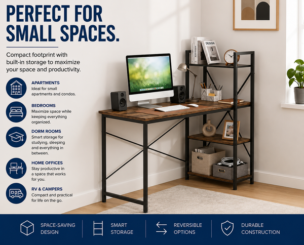 Utopia Alley SH73/74XX SmartSpace Series Computer Desk with Storage Shelves, 47 Inch Home Office Desk, Reversible Bookshelf Design, Study, Gaming & Workstation Desk