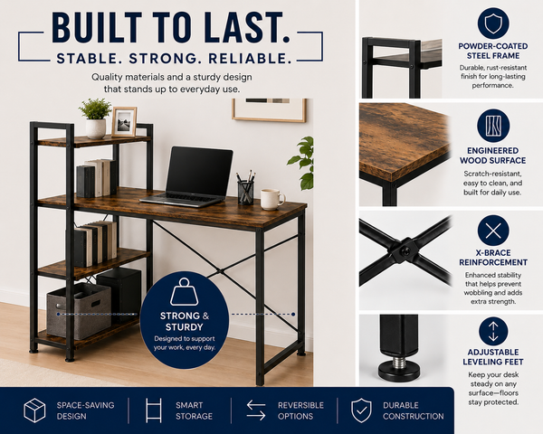 Utopia Alley SH73/74XX SmartSpace Series Computer Desk with Storage Shelves, 47 Inch Home Office Desk, Reversible Bookshelf Design, Study, Gaming & Workstation Desk