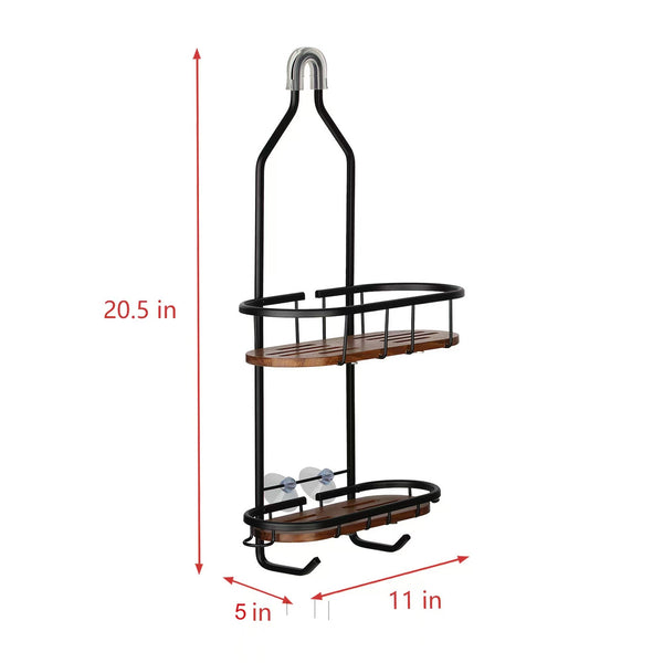 Utopia Alley SHC5XX Tia Rustproof Teak Overhead Shower Caddy with 2 Shelves - Decorative Shower Rack for Shampoo & Toiletries Storage, Hanging Shower Head Organizer for Bathroom Accessories & Guest Bathrooms