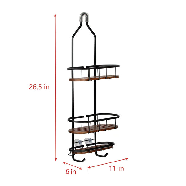 Utopia Alley SHC6XX Tia Rustproof Teak Overhead Shower Caddy with 3 Shelves - Decorative Shower Rack for Shampoo & Toiletries Storage, Hanging Shower Head Organizer for Bathroom Accessories & Guest Bathrooms - Black Finish & Satin Chrome Finish