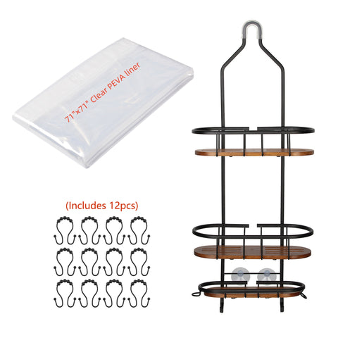 Utopia Alley SHC16BK Tia Rustproof Teak Overhead Shower Caddy with 3 Shelves - Decorative Shower Rack for Shampoo & Toiletries Storage, Hanging Shower Head Organizer, Includes shower liner and shower hooks - Matt Black Finish