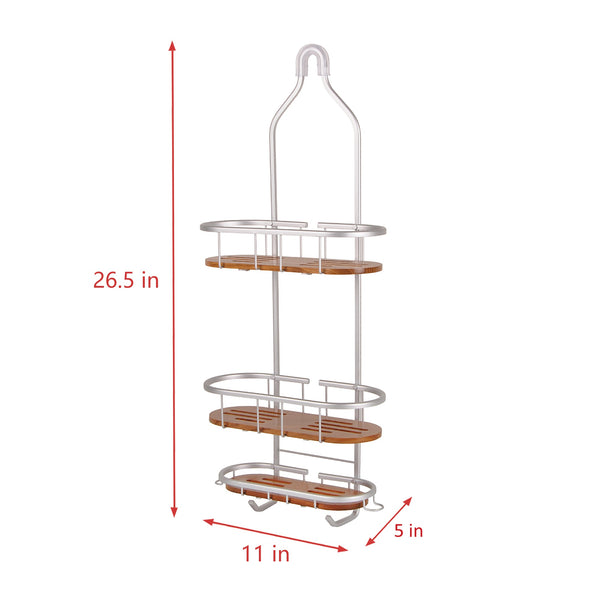 Utopia Alley SHC6XX Tia Rustproof Teak Overhead Shower Caddy with 3 Shelves - Decorative Shower Rack for Shampoo & Toiletries Storage, Hanging Shower Head Organizer for Bathroom Accessories & Guest Bathrooms - Black Finish & Satin Chrome Finish