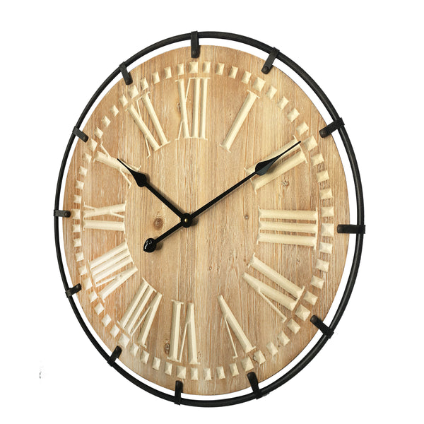 Utopia Alley Oversize Roman Round Wall Clock, 24" Diameter, Light Wood Finish