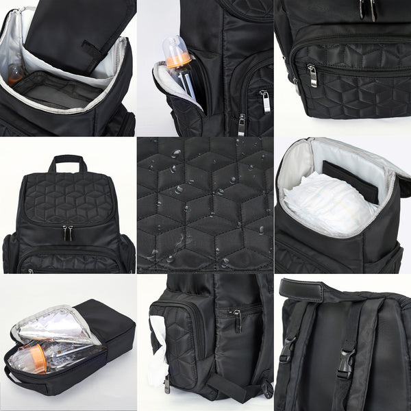 Textured Baby Diaper Bag, Waterproof with Changing Mat, Pockets, and Insulated Pouch, Black