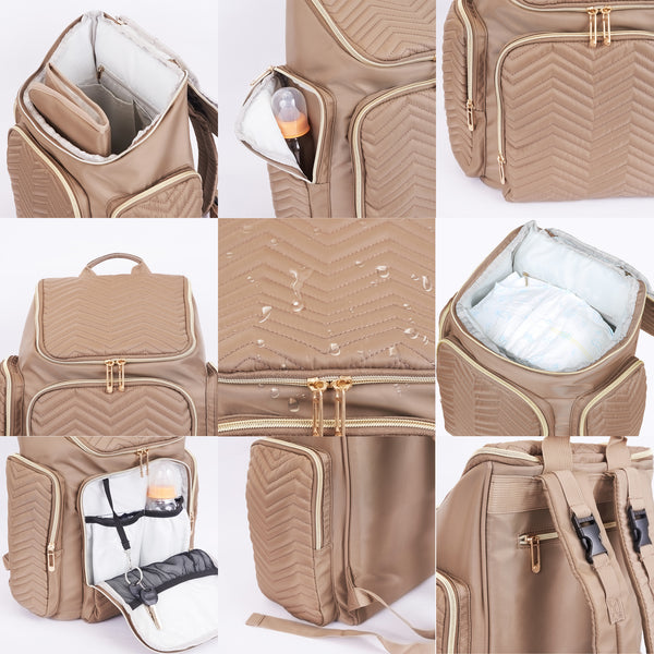 Textured Chevron Baby Diaper Bag, Waterproof with Changing Mat, Pockets, and Stroller Straps, Khaki