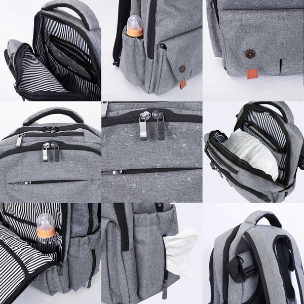 Waterproof Baby Diaper Bag with Changing Mat, Pockets, and Stroller Straps, Gray