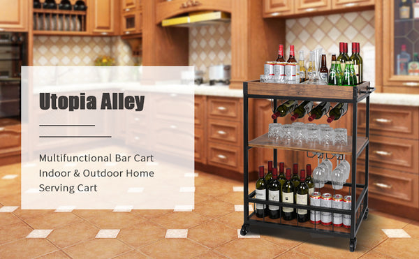 Utopia Alley FT71WD Rustic, Industrial Bar Cart with Removable Top Tray and Wine Bottle Holder, Space Saving Design