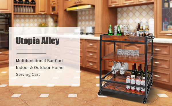 Utopia Alley FT72WD Rustic, Industrial Bar Cart with Removable Top Tray, Space Saving Design