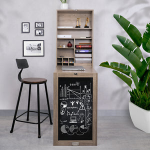 Utopia Alley SH2XX Collapsible Fold Down Desk Table/Wall Cabinet with Chalkboard, Multi-Function Computer Desk, Writing Desk Home Office Wood Desk, Black & Gray/Brown weathered oak