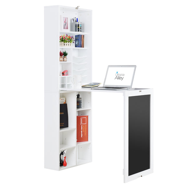 Utopia Alley SH3WW Collapsible Fold Down Desk Wall Cabinet with Chalkboard and Bottom Shelves, White