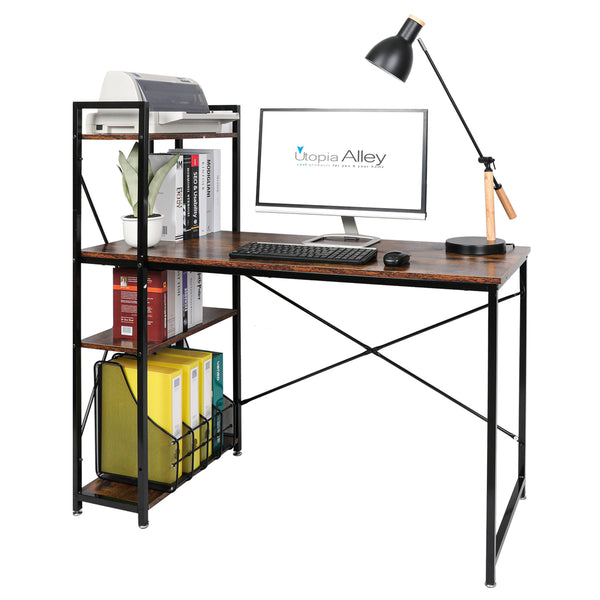 Utopia Alley SH73/74XX Modern Style Computer Desk with 4 Tier Attached Bookshelf, Black & Rustic Brown